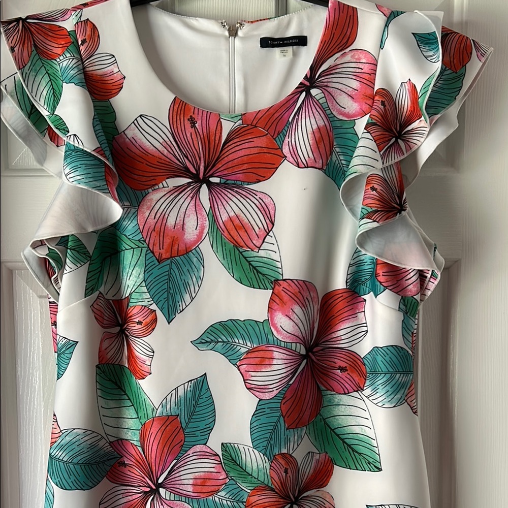 Tommy Hilfiger Floral Ruffle Blouse - Red, Pink, Green